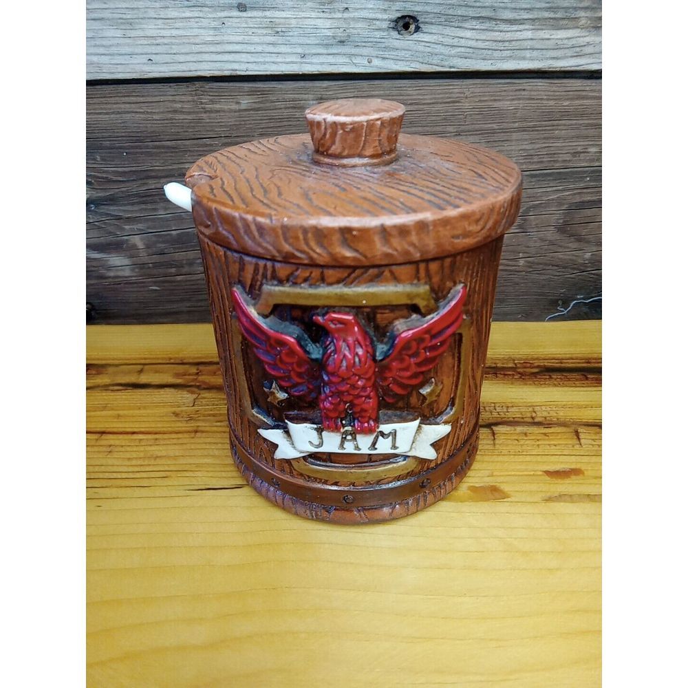Eagle Stars Jam Jar Container Spoon Ceramic Wood Barrel Log Look Japan Vtg